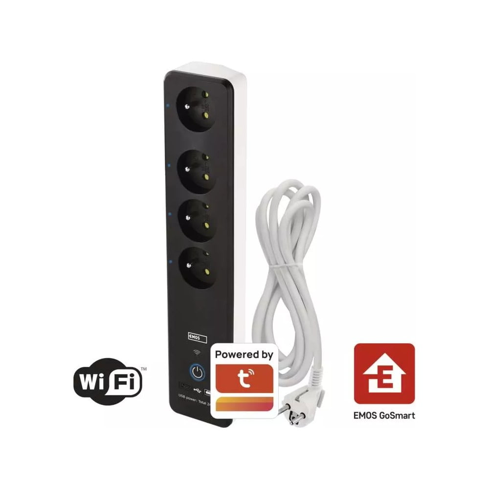 EMOS GoSmart Hosszabbító kábel 2 m, 4 aljzat, kapcsolóval, PVC, USB-vel és wifivel